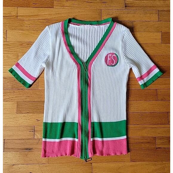 Full Zip Rib Knit Sweater Short Sleeve V Neck Academia Coquette Preppy Retro - Picture 1 of 8